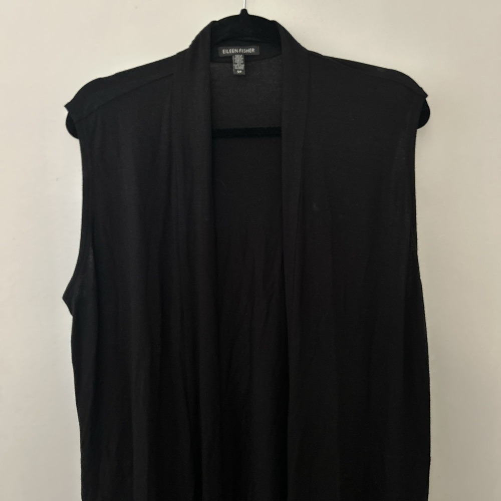 Eileen Fisher Women's Small Sleeveless Long Vest Open Front Pockets Black